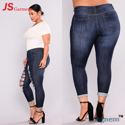 太りすぎ人のためのサイズの広い様式と高いウエストの裂け目のジーンズのズボン